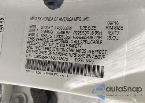 2016 Honda Cr-V Touring z USA, uszkodzony, nr VIN 5J6RM4H95GL118070